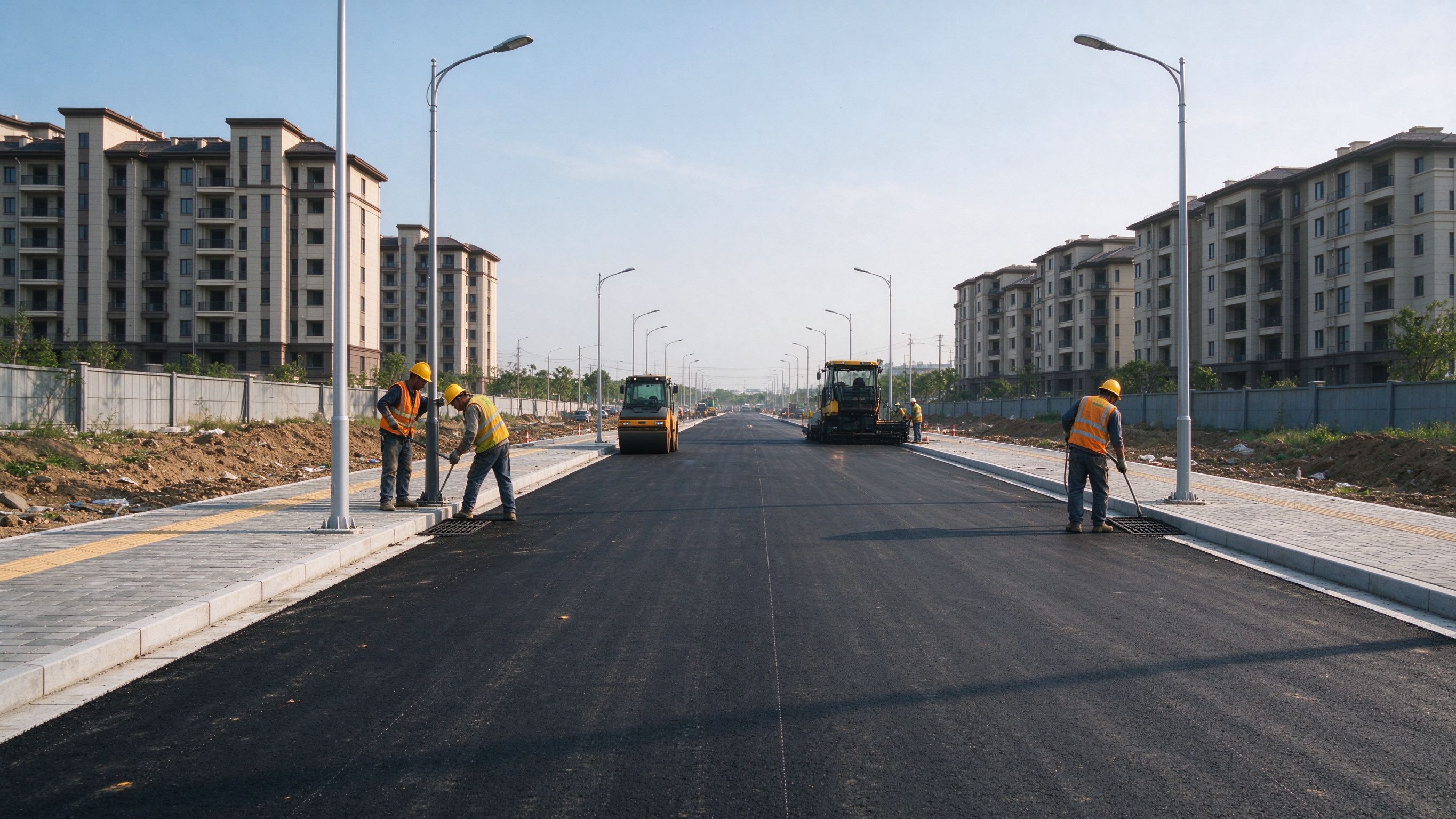 市政道路沥青摊铺施工场景